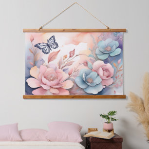 Niedliche Whimsy-Blumen-Schmetterling-Aquarell-Kun Wandteppich Mit Holzrahmen