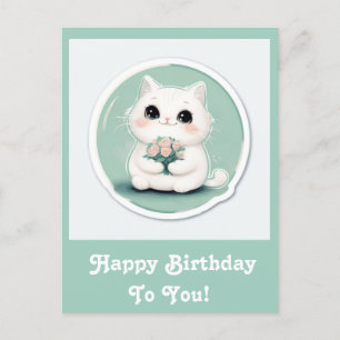 Niedliche White Cat Happy Geburtstag Personalisier Feiertagspostkarte