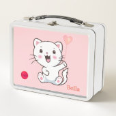 Niedliche White Cat & Heart Ballon auf Light Pink Metall Brotdose (Vorderseite)