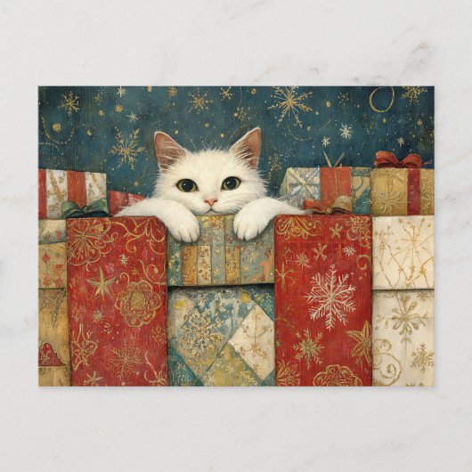 Niedliche White Cat Peeking über Weihnachtsgeschen Postkarte (Vorderseite)
