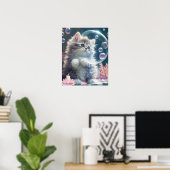 Niedliche White Cat Spielen mit Bubbles Art Kinder Poster (Heimbüro)