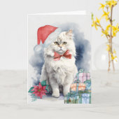 Niedliche White Cat Weihnachtsmannmütze Geschenke Karte (Gelbe Blume)