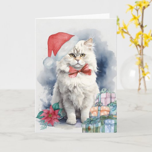 Niedliche White Cat Weihnachtsmannmütze Geschenke Karte (Gelbe Blume)