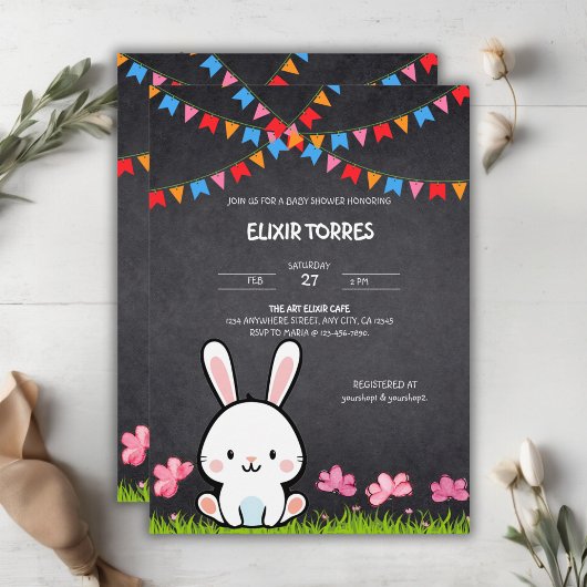 Niedliche White Chalkboard Bunny Baby Dusche Einladung