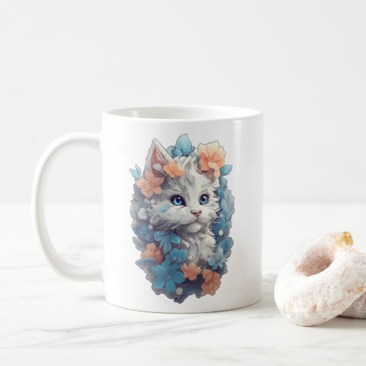 Niedliche White Floral Kitty Cat Kaffeetasse (Mit Donut)