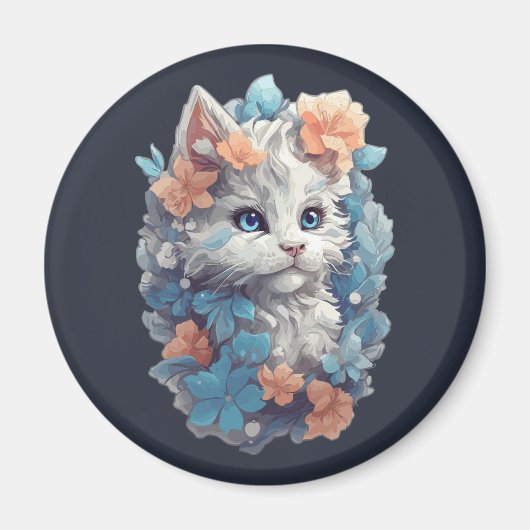 Niedliche White Floral Kitty Cat Magnet (Vorne)