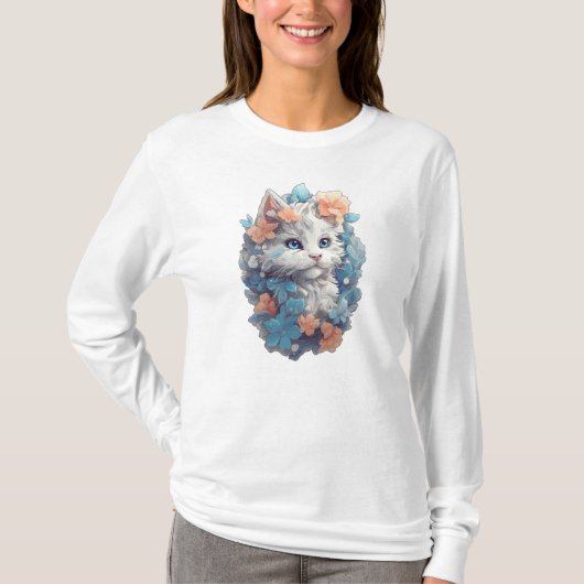 Niedliche White Floral Kitty Cat T-Shirt (Vorderseite)