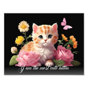 Niedliche White Kitten Katze in Blume Schwarz Pers Fotodruck