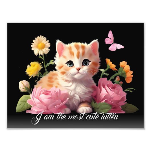 Niedliche White Kitten Katze in Blume Schwarz Pers Fotodruck (Vorne)