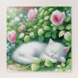 Niedliche White Kitten Napping unter Rosebush Puzzle