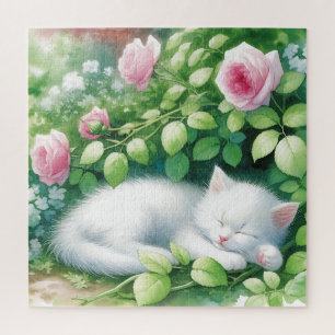Niedliche White Kitten Napping unter Rosebush Puzzle