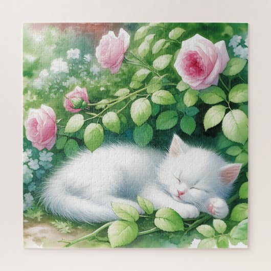 Niedliche White Kitten Napping unter Rosebush Puzzle (Vertikal)