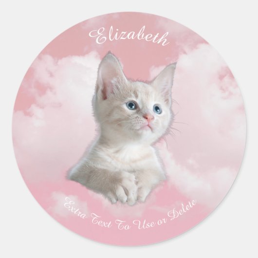 Niedliche White Kitten Pink Sky Wolken Name, Extra Runder Aufkleber (Vorderseite)