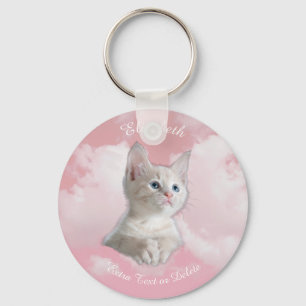 Niedliche White Kitten Pink Sky Wolken Name, Extra Schlüsselanhänger