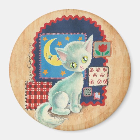 Niedliche White Kitten und Quilt Patchwork Art Magnet (Vorne)