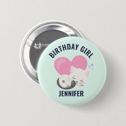 Niedliche White Kitty Cat mit Pink Heart Birthday  Button (Vorne & Hinten)