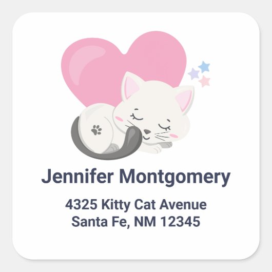 Niedliche White Kitty Cat Schlafadresse Quadratischer Aufkleber (Vorderseite)