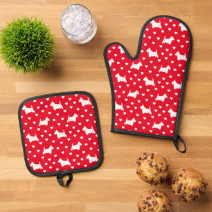 Niedliche White Scottish Terriers & Hearers on Red Ofenhandschuh & Topflappen-Set