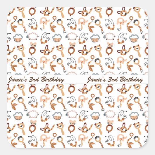 Niedliche White Toy Boho Muster Illustration Gebur Quadratischer Aufkleber (Vorderseite)