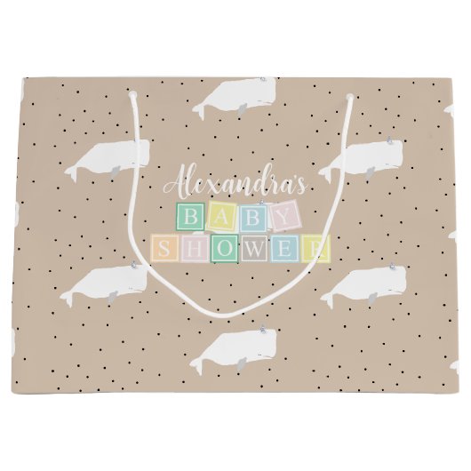 Niedliche White Whale Baby Dusche Neutral Beige Große Geschenktüte (Vorderseite)