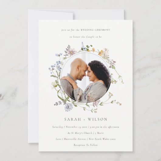 Niedliche Wiesen-Blumenreath-Hochzeit Foto einlade Dankeskarte (Vorderseite)