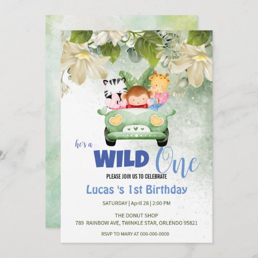 Niedliche Wild One Safari Animal Liebe Auto 1. Geb Einladung (Vorne/Hinten)