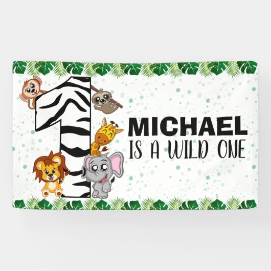 Niedliche Wild One Safari Jungle Tiere 1. Geburtst Banner (Horizontal)