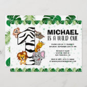 Niedliche Wild One Safari Jungle Tiere 1. Geburtst Einladung (Vorne/Hinten)