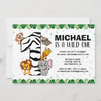 Niedliche Wild One Safari Jungle Tiere 1. Geburtst Einladung
