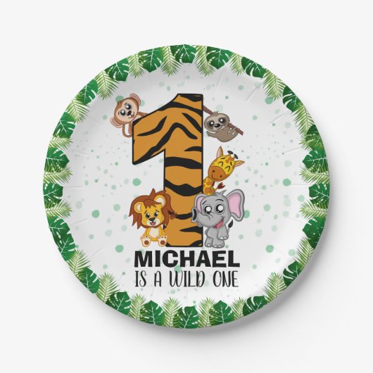 Niedliche Wild-One-Safari-Jungtiere zum ersten Geb Pappteller (Vorderseite)