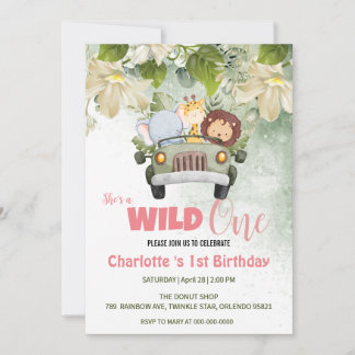 Niedliche Wild One Safari Tierwagen 1. Geburtstag Einladung