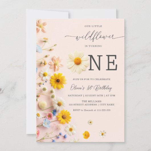 Niedliche Wildblume 1. Geburtstag Einladung (Vorderseite)