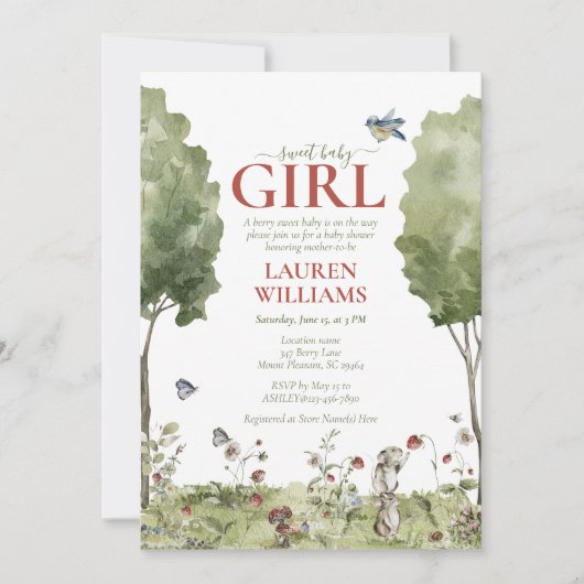 Niedliche Wildblume Strawberry Sweet Baby Girl Dus Einladung (Vorderseite)