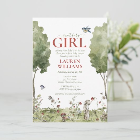 Niedliche Wildblume Strawberry Sweet Baby Girl Dus Einladung (Stehend Vorderseite)