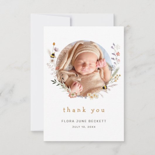 Niedliche Wildblume und Bienen Foto Babydusche Dankeskarte (Vorderseite)