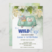 Niedliche Wildschwein 1 Elefantenwagen 1. Geburtst Einladung (Vorne/Hinten)