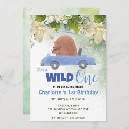 Niedliche Wildtiere mit einem Bären Auto 1. Geburt Einladung (Vorne/Hinten)