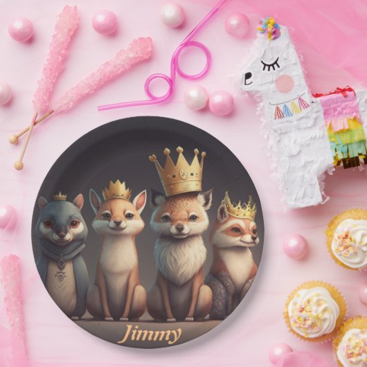 Niedliche Wildtiere mit Kronen Pappteller (Party)