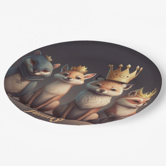 Niedliche Wildtiere mit Kronen Pappteller (Schrägansicht)