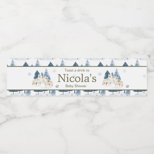 Niedliche Winter Arctic Wolf Babydusche Wasserflaschenetikett (Einzelnes Label)