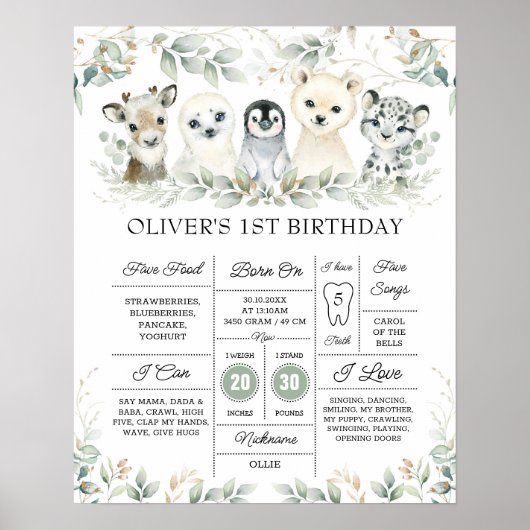 Niedliche Winter Artische Tiere Erster Geburtstag Poster (Vorne)