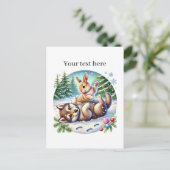 Niedliche Winter gemischte Tiere Wolfskaninchen in Postkarte (Stehend Vorderseite)