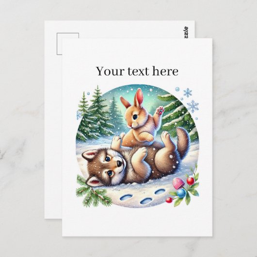 Niedliche Winter gemischte Tiere Wolfskaninchen in Postkarte (Vorne/Hinten)
