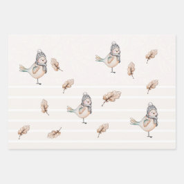 Niedliche Winter Sparrow-Aquarellbilder Geschenkpapier Set