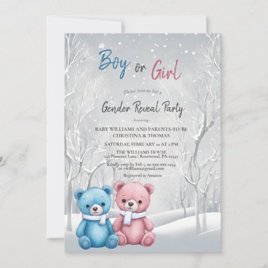Niedliche Winterbären Gender Reveal Party Einladung (Vorderseite)
