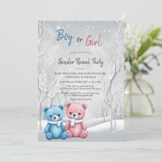 Niedliche Winterbären Gender Reveal Party Einladung (Stehend Vorderseite)