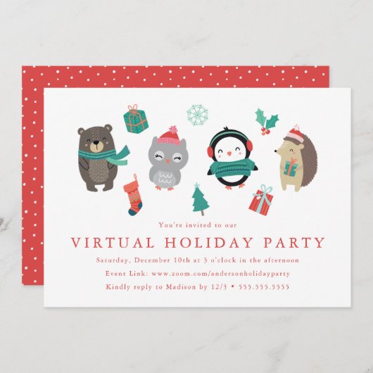 Niedliche Winterfreunde Kids Virtual Holiday Party Einladung (Vorne/Hinten)
