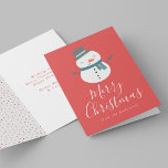 Niedliche Winterfreunde Snowman Non-Foto Feiertagskarte<br><div class="desc">Freuen Sie sich auf einen niedlichen Schneemannurlaub mit einer Grußkarte. Auf der Vorderseite der Non-Foto-Urlaubskarte befindet sich ein Schneemann, der einen Hut und einen Winterschal trägt, der unten in einem weißen, modernen Kalligraphieskript mit rotem Hintergrund "Frohe Weihnachten" dargestellt ist. Personalisieren Sie die Vorderseite der Karte, indem Sie Ihren Namen hinzufügen....</div>