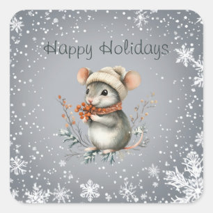 Niedliche Wintermaus mit Berries Quadratischer Aufkleber