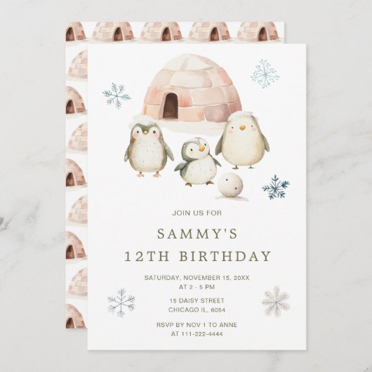 Niedliche Winterpinguine Geburtstagsparty Einladung (Vorne/Hinten)